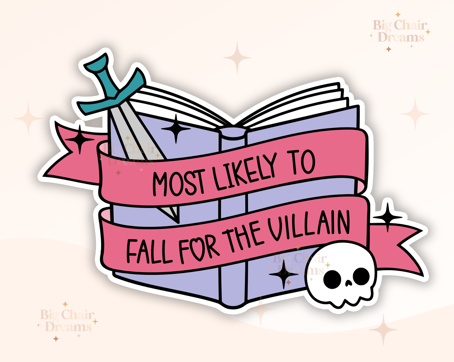 Most Likely to Fall for the Villain Book Sticker by Big Chair Dreams